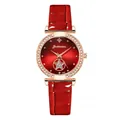 Detail van rode leren horlogeband met roségouden lunette en sterrenwijzerplaatdecor - Rood Horloge