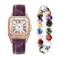 Elegant women's square rose gold watch with purple leather strap and bead bracelet set - Watch And Bracelet / Purple