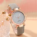 Elegant rose gold women's quartz watch with silver glitter dial and grey frosted leather strap - Grey Watch Only