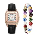 Detail of rose gold square watch with black leather strap and colorful beaded bracelet - Watch And Bracelet / Black
