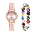Detail of pink faux leather strap watch and matching beaded bracelet set for women - Pink Watch And Bracelet