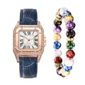 Women's square quartz watch with rhinestone bezel and colorful beaded bracelet set - Watch And Bracelet / Blue