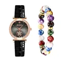 Close-up of ladies quartz watch with rhinestone bezel and colorful beaded bracelet - Black Watch And Bracelet