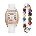 Close-up of square rose gold rhinestone watch with roman numerals and marble beaded bracelet - Watch And Bracelet / White