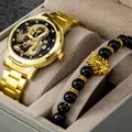 Montre à quartz luxe pour homme en or avec cadran dragon et ensemble bracelet perles - Montre Bracelet Or Cadran Noir Et Bracelet