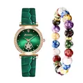 Elegant green leather quartz watch set with rhinestone dial and marble bead bracelet - Green Watch And Bracelet