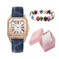 Women's square quartz watch with rose gold case, blue leather strap and marble bracelet - Watch And Bracelet And Gift Case / Blue