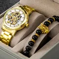 Lussuoso orologio da uomo al quarzo dorato con quadrante a drago e bracciale nero - Orologio Cinturino Oro Quadrante Bianco E Bracciale