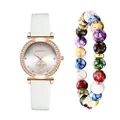 Women's quartz watch with diamond dial and colorful bead bracelet set on white background - White Watch And Bracelet