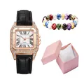 Women's rose gold square watch with crystal bezel, Roman numerals, and beaded bracelet set - Watch And Bracelet And Gift Case / Black