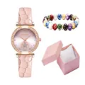 Women's pink leather watch set with crystal bezel, beaded bracelet and matching gift box - Pink Watch And Bracelet And Box