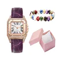 Women's quartz watch gift set with purple leather strap and rhinestone square case - Watch And Bracelet And Gift Case / Purple