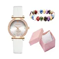 Women's quartz watch with white crocodile strap, beaded bracelet and pink gift box set - White Watch And Bracelet And Box