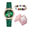 Women's quartz watch gift set with green leather strap and beaded bracelet in box - Green Watch And Bracelet And Box