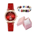 Women's quartz watch gift set with red leather strap and beaded marble bracelet - Red Watch And Bracelet And Box