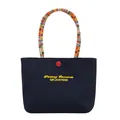 Dark blue nylon handbag with colorful woven handles and Fantasy Romance embroidery - Black