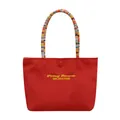Red letter embroidery tote bag with colorful braided handles and snap closure - Red