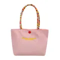 Pink embroidery tote bag with colorful woven handle and Fantasy Romance letter detail - Pink