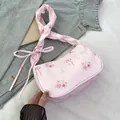 Sweet pink floral canvas shoulder bag with rose pattern and bow tie knotted strap - Pink