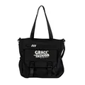 Black utility tote bag with large front buckle pocket and white artistic lettering - GRACE FASHION Print Style (Style 3)