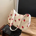 Chic beige canvas underarm bag with sweet red strawberry print for women - Strawberry Style