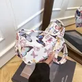 Handheld white shoulder bag with colorful butterfly print and stylish wide strap handle - Colorful Butterfly Style
