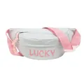 Light grey crossbody chest bag with pink Lucky logo and adjustable shoulder strap - Off White