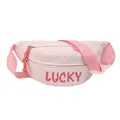 Minimalistische pinke Umhängetasche mit rotem Lucky-Aufdruck und verstellbarem Riemen - Rosa