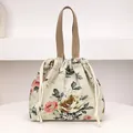 Sac à déjeuner en toile florale avec cordon de serrage et motifs botaniques - Rose Khaki