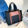 Large capacity black canvas tote bag with brown leather trim and fashion shoulder strap - Black
