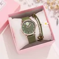 Reloj verde con margarita y conjunto de pulsera en una caja de regalo rosa - Verde Oscuro (Con Set de Regalo)