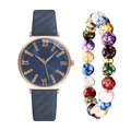 Orologio da donna in pelle blu con cassa oro rosa e set di bracciali con perline - Blu + Bracciale