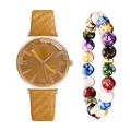 Orologio da donna oro con cinturino in pelle e set di braccialetti con perline colorate - Marrone + Braccialetto