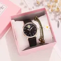Reloj de mujer con diseño de margarita, correa de cuero negra y pulsera en caja rosa - Negro (Con Set de Regalo)