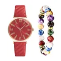 Set orologio al quarzo rosso con numeri romani dorati e braccialetto di perline - Rosso + Bracciale