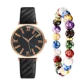 Dettagli di orologio al quarzo in oro rosa con cinturino in pelle e set di bracciali - Nero + Bracciale