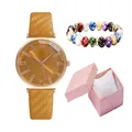 Orologio al quarzo da donna con cinturino in pelle marrone e bracciale di perline colorate - Marrone + Braccialetto + Scatola
