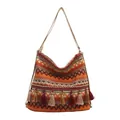 Ethno-Boho-Umhängetasche mit geometrischen Mustern und bunten Quasten verziert - Orange
