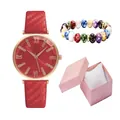 Orologio quarzo donna con quadrante rosso e strass più bracciale di perline abbinato - Rosso + Bracciale + Scatola