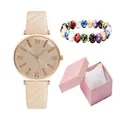 Orologio da donna oro rosa con set di bracciali di perline in una confezione regalo rosa - Beige Orologio e Bracciale e Scatola