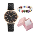 Orologio al quarzo da donna con cinturino nero e braccialetto in scatola regalo rosa - Nero + Bracciale + Scatola