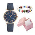 Orologio al quarzo in pelle blu con numeri romani, bracciale di perle e scatola regalo rosa - Blu + Bracciale + Scatola