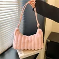 Pink plush tote bag with vertical stripes and soft faux fur texture for women - Longitudinal Striped Style / Pink