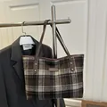 Brown plaid tweed tote bag with leather straps and gold rivets on a classic coat - Large Plaid Coffee
