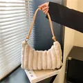 Beige plush tote bag with quilted faux fur and premium leather shoulder straps - Khaki