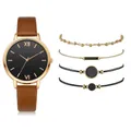 Women's quartz watch and bracelet set with brown PU strap and gold beaded chains - Brown With Bracelets
