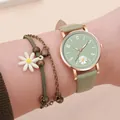Pastel green daisy watch and matching bracelet set with rose gold accents on wrist - Watch & Bracelet Set / Green