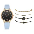 Women's quartz watch set with light blue PU strap and four matching gold bracelets - Sky Blue + Bracelet