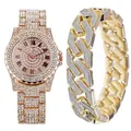Golden women's quartz watch and curb chain bracelet set with pavé rhinestone accents - Rose Gold With Bracelet Style 2