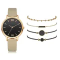 5-piece elegant women quartz watch set with black dial and beige PU leather strap - Khaki Watch With Bracelets